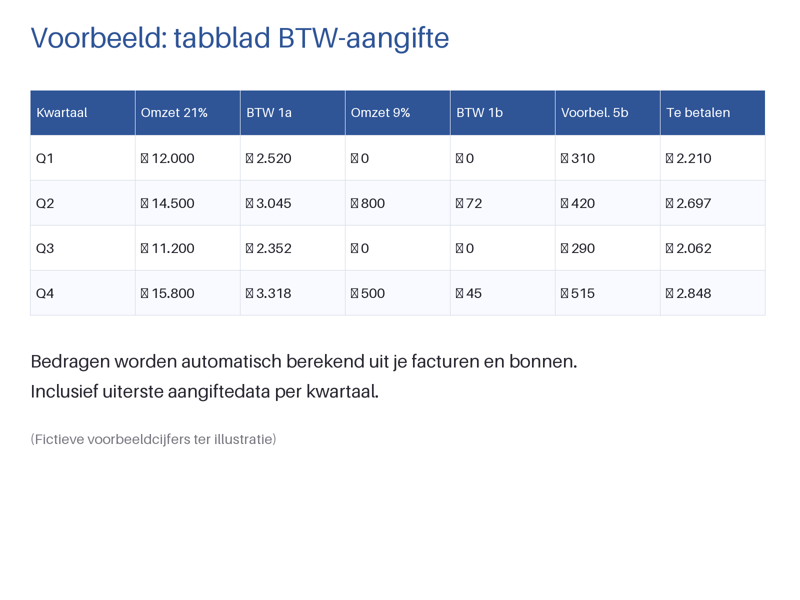 Tabblad BTW-aangifte met fictieve voorbeeldcijfers