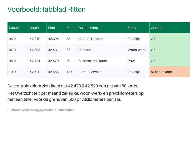 Voorbeeld van het tabblad Ritten met controlekolom (fictieve gegevens)